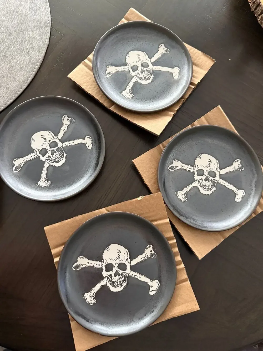 Halloween Black Appetizer Plate Skull Crossbone Set of 4 Stoneware 6” NEW in Box